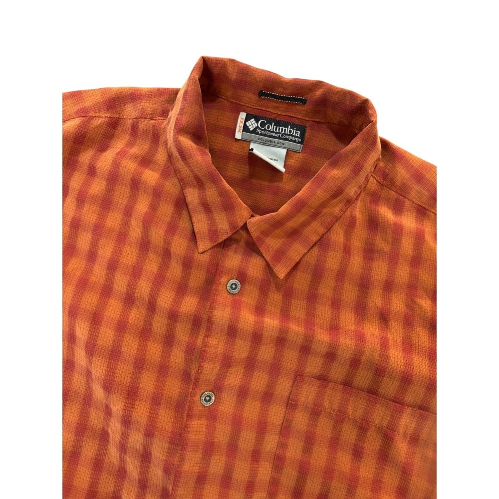 COLUMBIA Button Up Shirt Mens XL Orange Plaid Short Sleeve Outdoor Hiking‎